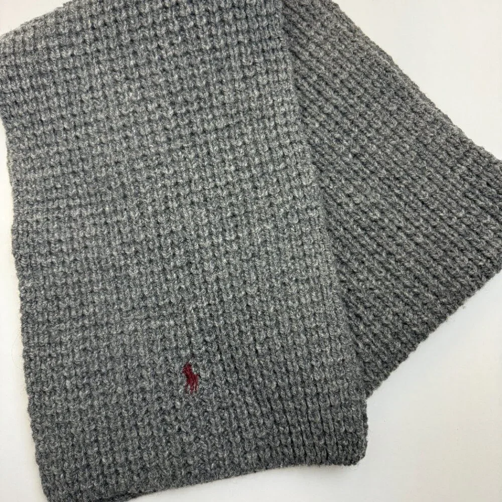 Polo Ralph Lauren Gray Lambs Wool Blend Knit Winter Warm Scarf